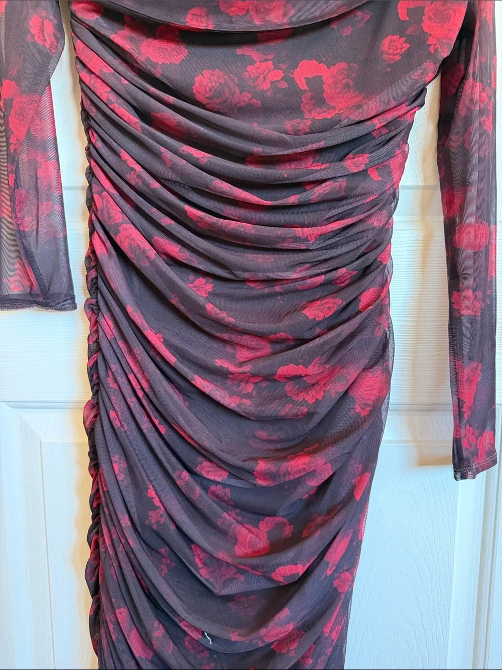 Abercrombie & Fitch Burgundy Floral Ruched Off-Shoulder Long Sleeve Maxi Dress